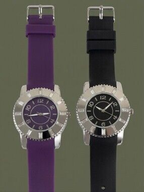 ​2pc Women's Watch Set Black & Purple Sport Rubber Strap Bling Rhinestone Bezel